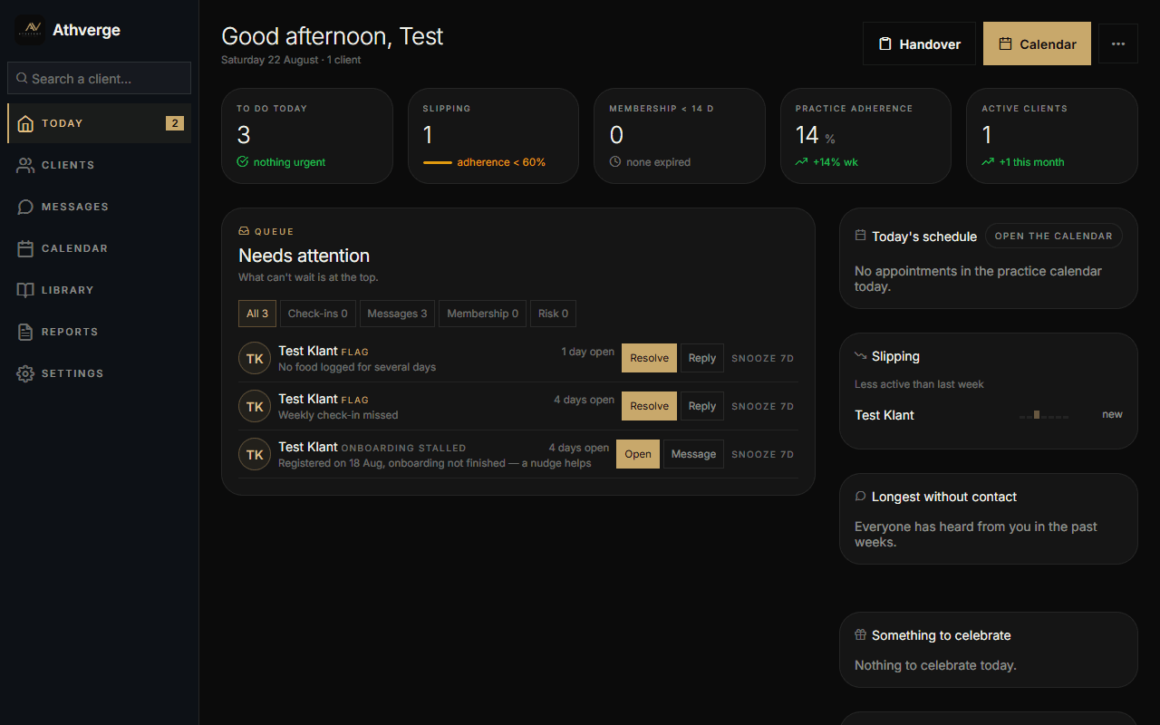 The Athverge coach portal with the queue, signalling and practice statistics