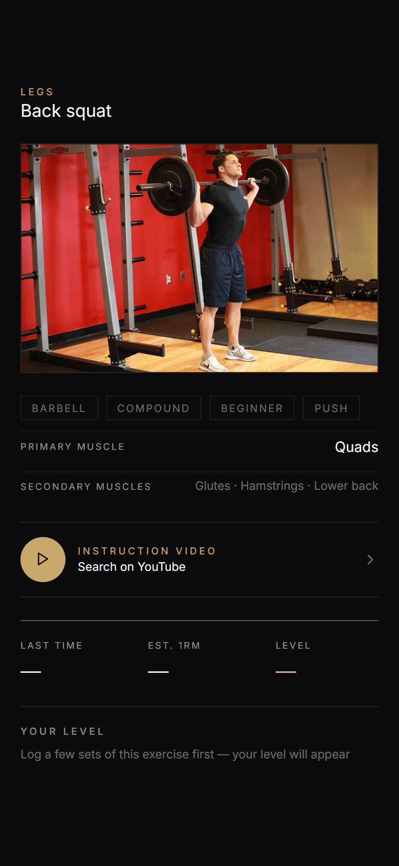 An exercise detail in Athverge with a photo, muscle groups, instruction video and your previous performance