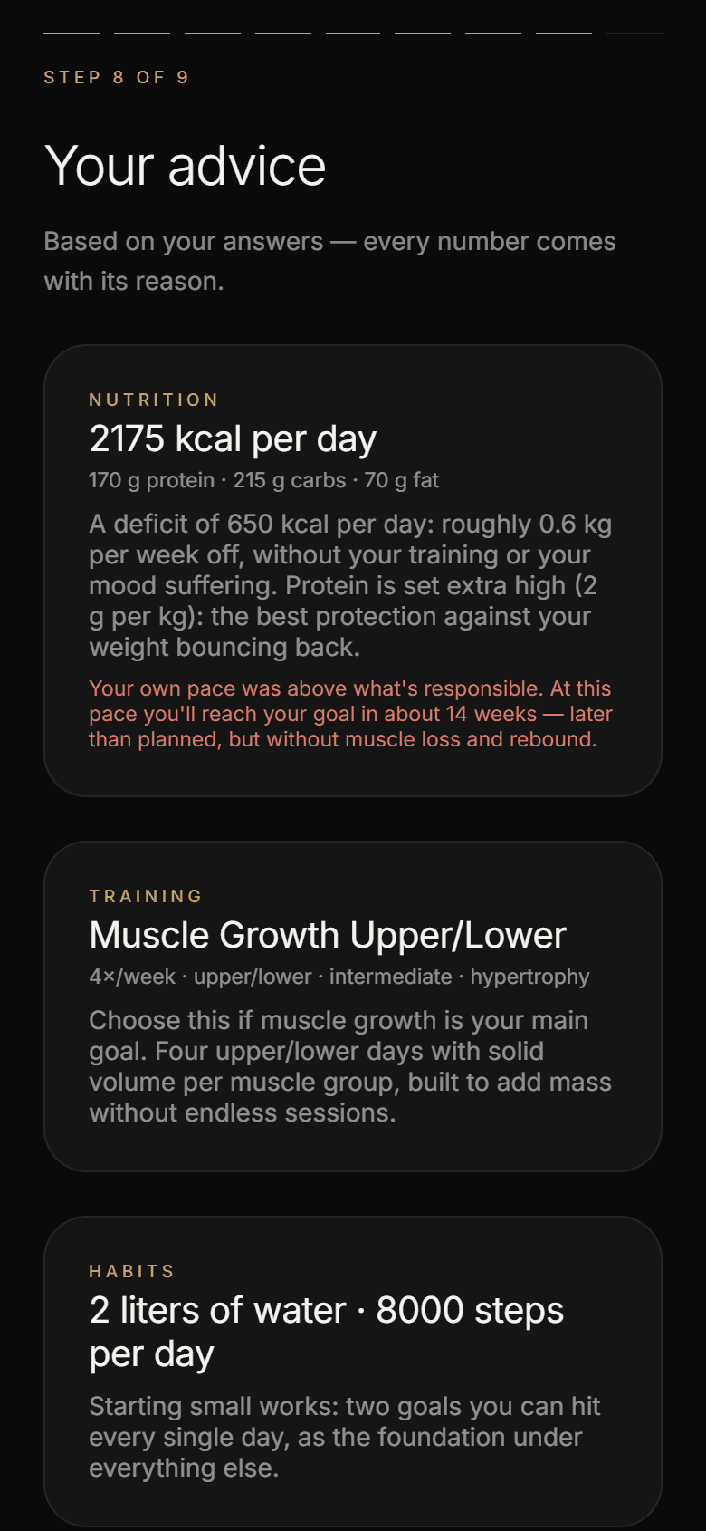 The Athverge intake advice: calories, protein and a training plan, each with its reason attached