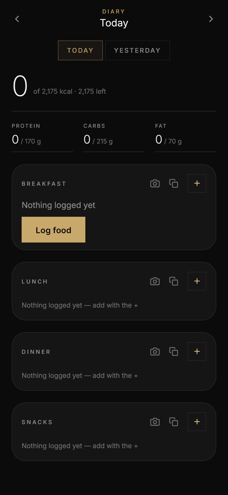 The Athverge food diary with meal moments, macros and the calories left per meal