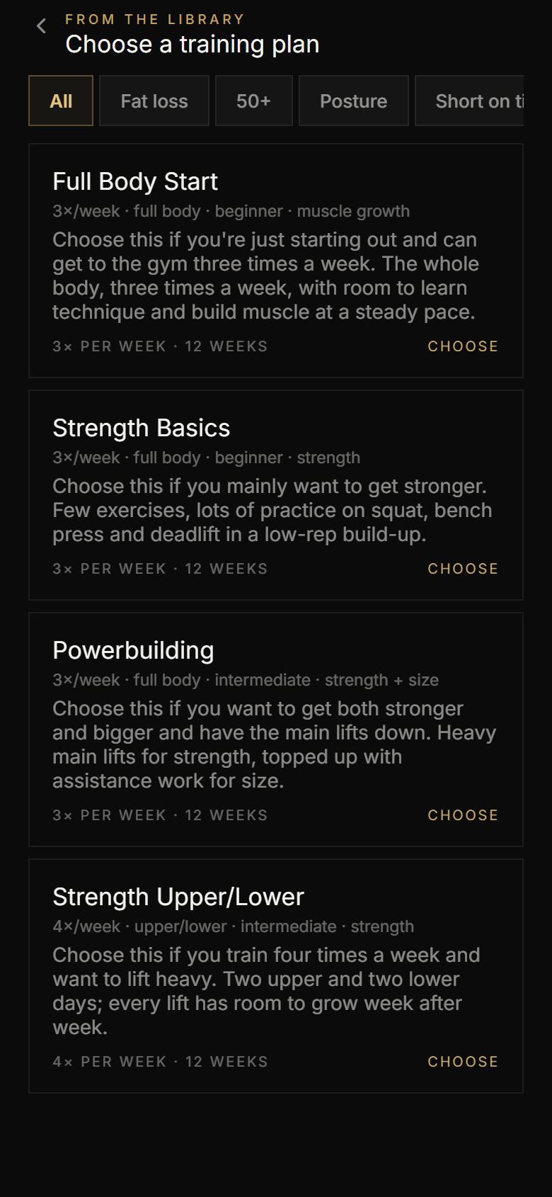 The Athverge plan library with plans per goal, level and days per week
