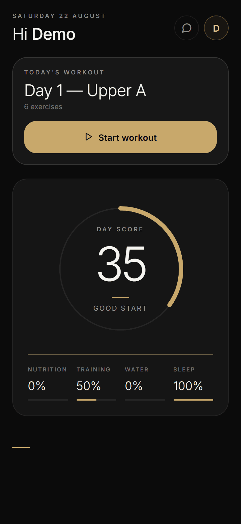 The Athverge Today screen showing the day’s training and the day score per pillar