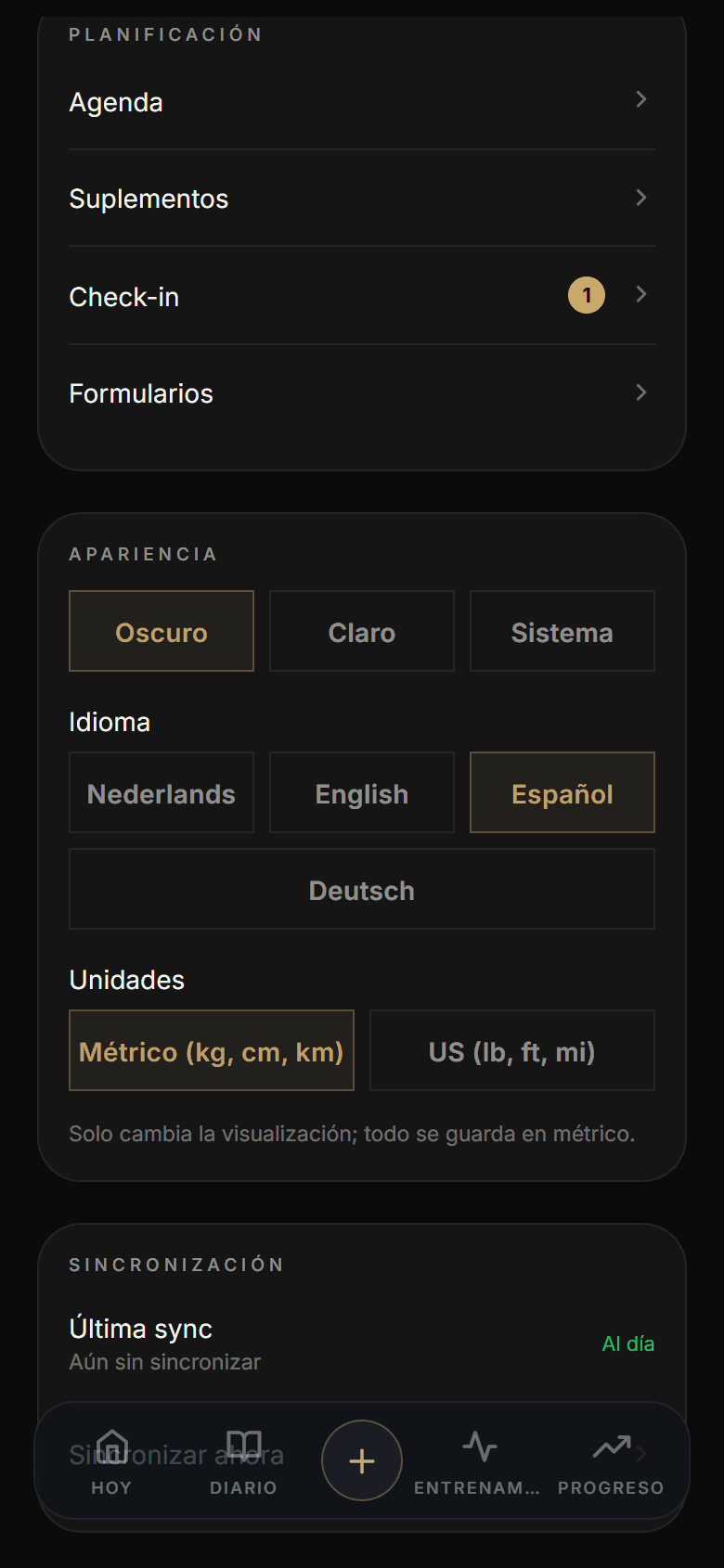 De instellingen van Athverge met de taalkeuze (Nederlands, English, Español, Deutsch) en de keuze tussen metrische en Amerikaanse eenheden