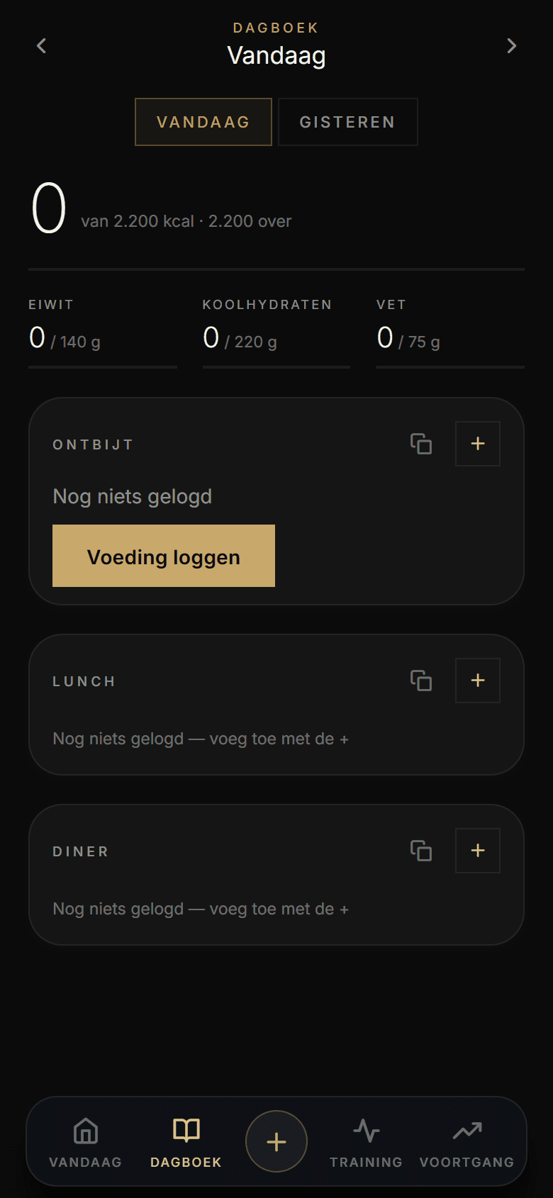 Het voedingsdagboek van Athverge met eetmomenten, macro’s en de resterende calorieën per maaltijd