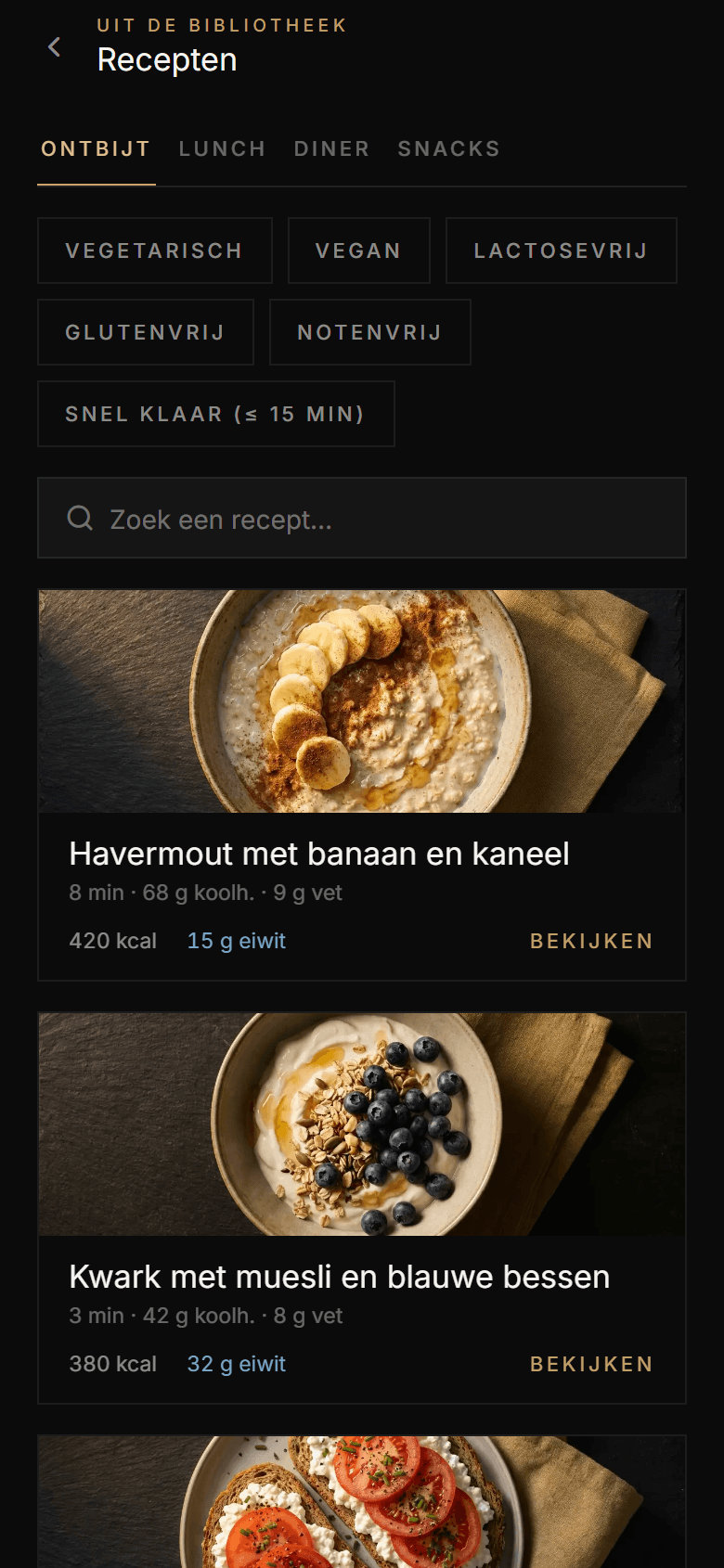 De receptenbibliotheek van Athverge met gerechtfoto’s, dieetfilters en macro’s per recept