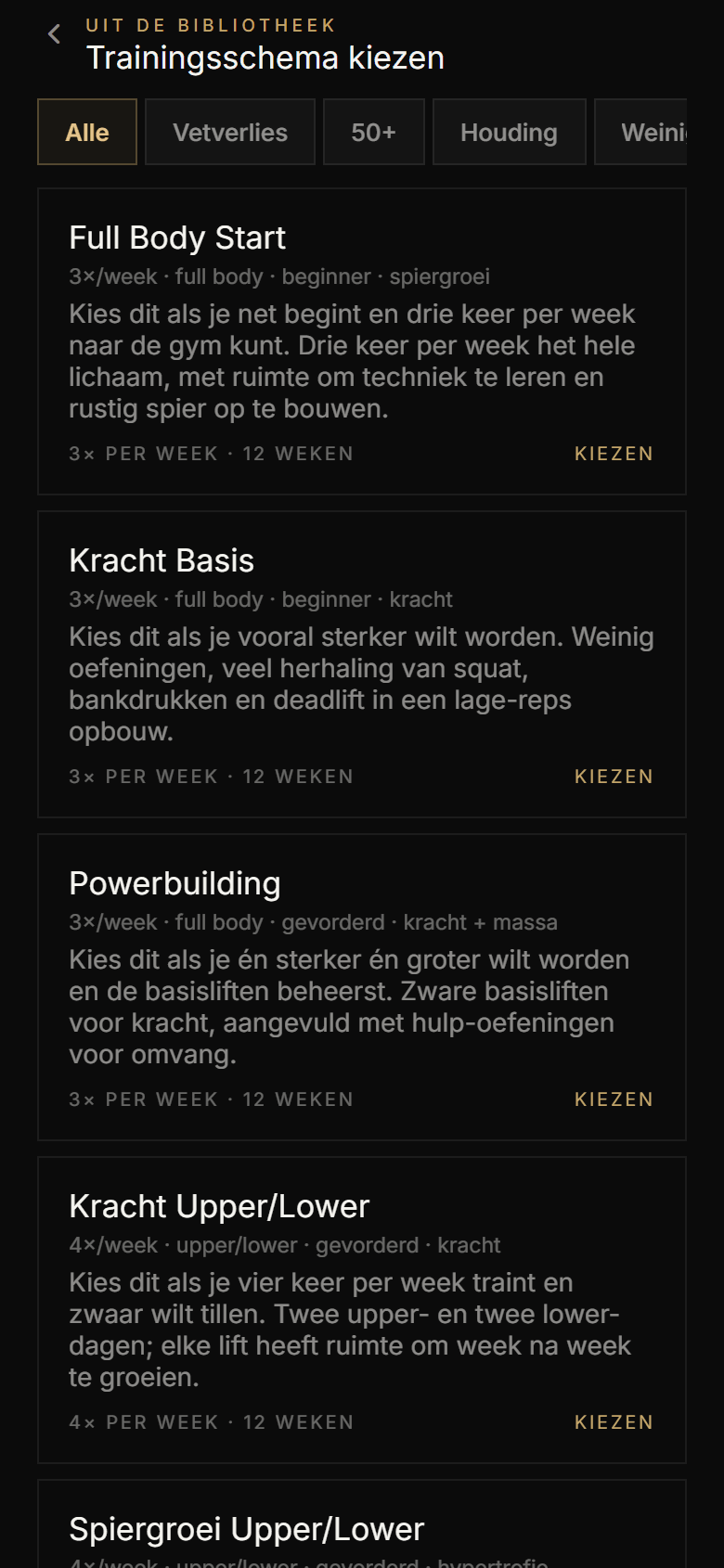 De schema-bibliotheek van Athverge met schema’s per doel, niveau en dagen per week