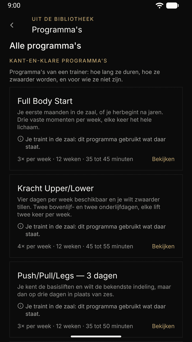 De programmabibliotheek van Athverge met kant-en-klare programma’s per doel en aantal dagen