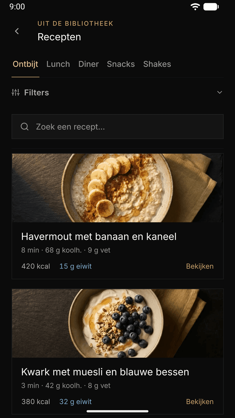 De receptenbibliotheek van Athverge met gerechtfoto’s, filters en macro’s per recept
