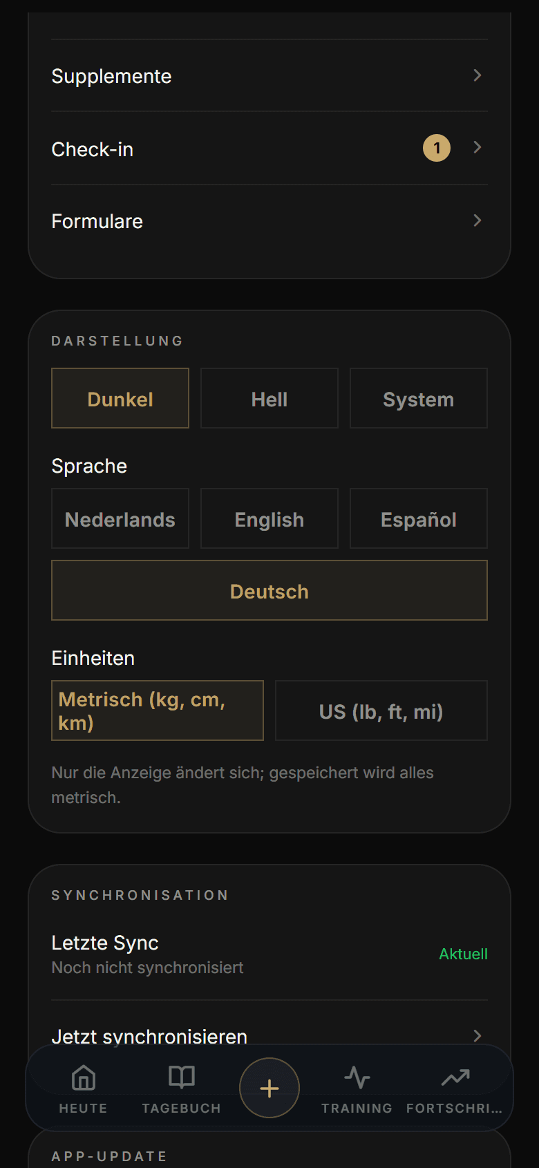 The Athverge settings with the language choice (Nederlands, English, Español, Deutsch) and the toggle between metric and US units