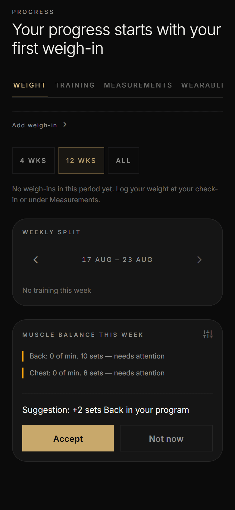 The Athverge progress screen with the muscle group balance and a proposal for extra sets